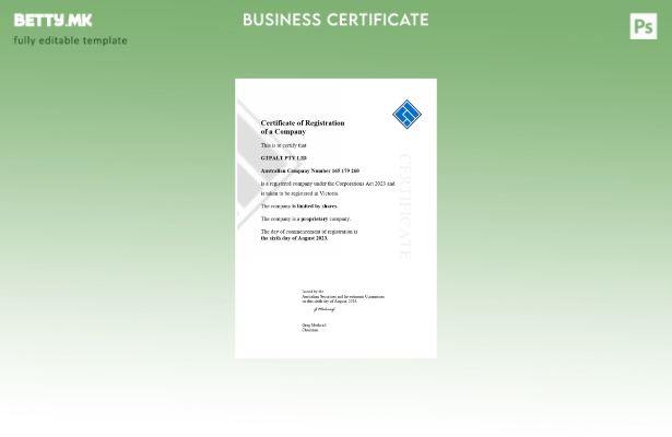 модерен стил Австралија GTPALT сертификат за збор за регистрација на компанија и